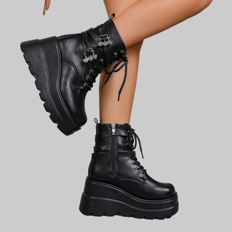 Thick-soled lace-up punk ankle boots
