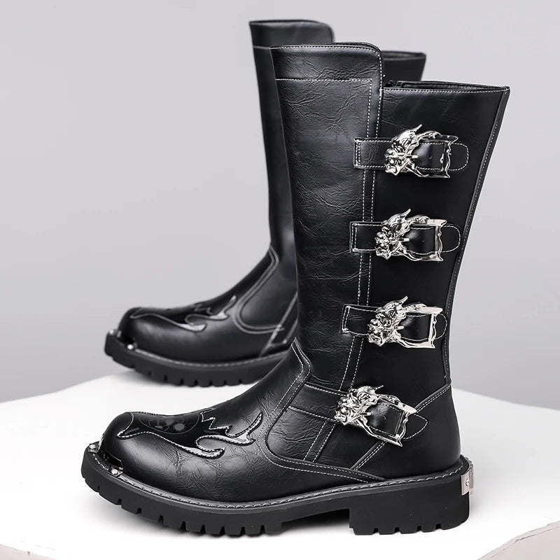 Mid-Calf Leather Motorcycle Boots