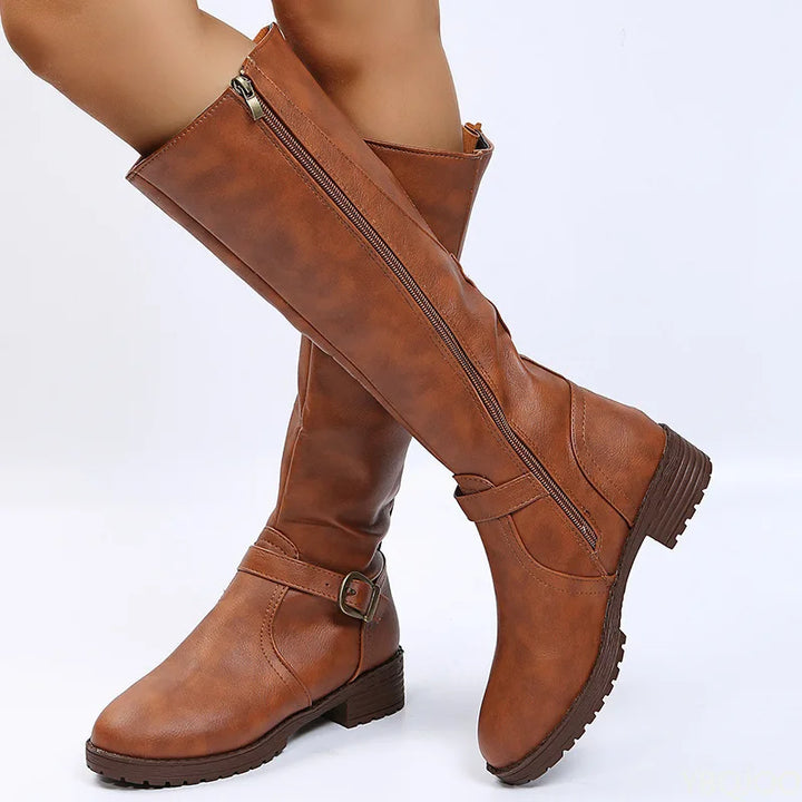 Zippered Low-Heel Knee-High Boots