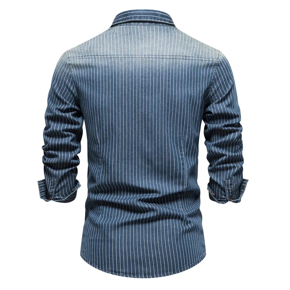 Striped Denim Cotton Long Sleeve Shirt
