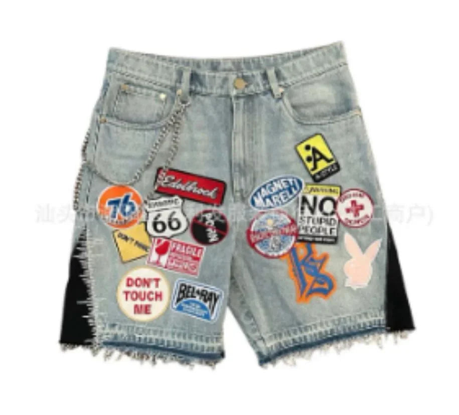 Hip hop pocket print loose Y2K denim shorts