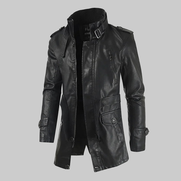 Leather Winter Thick Plush Lining Warm Long Coat