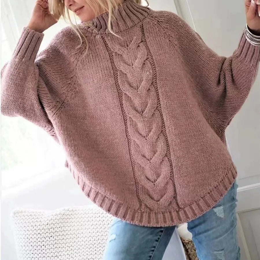Retro Loose Fit High Neck Cable Sweater