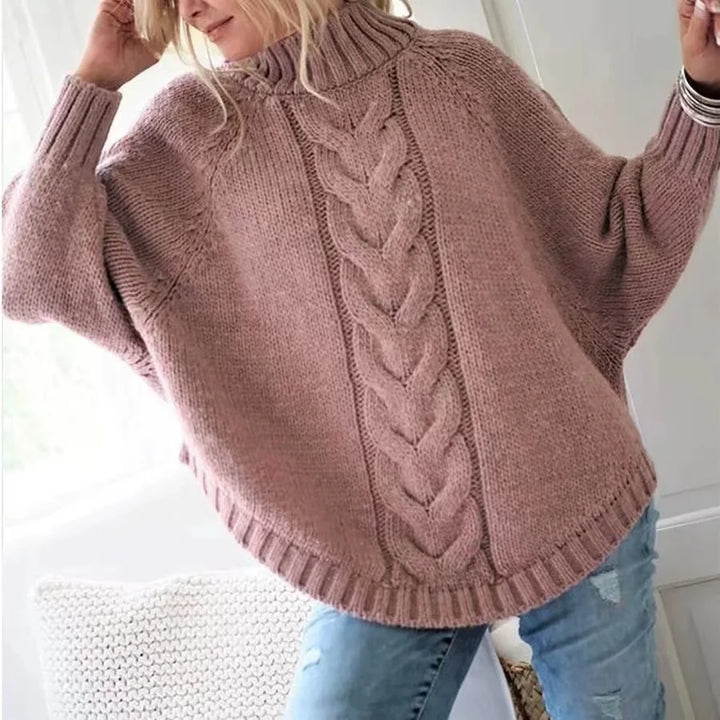 Retro Loose Fit High Neck Cable Sweater