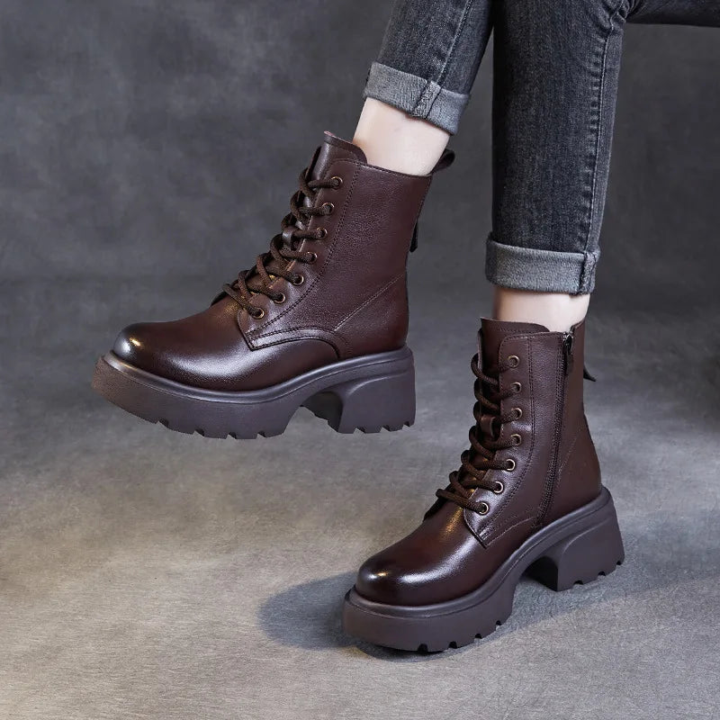 Authentic Leather Chunky Sole Women's British-Inspired Ankle Boots