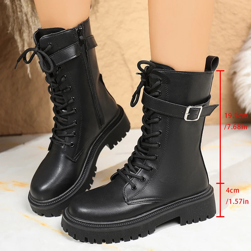 Fashionable Mid-Calf PU Leather Combat Boots with Buckle Strap
