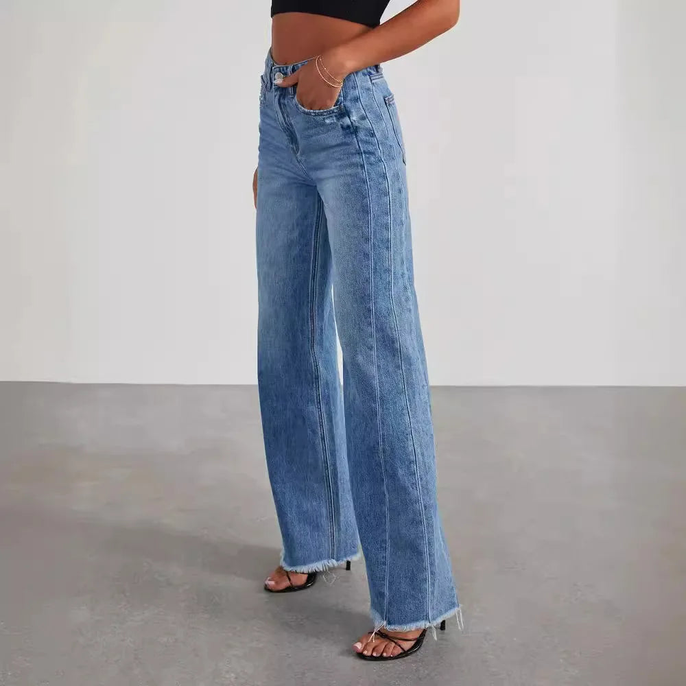 Elegant Spliced Floor Length High Waisted Jeans