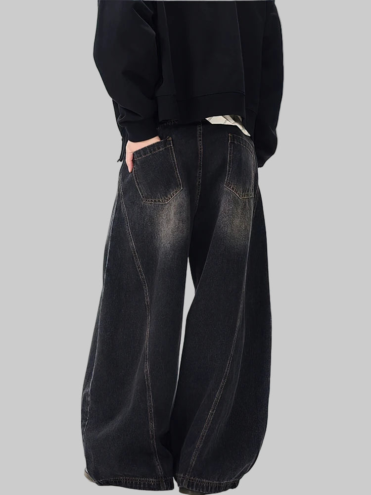 Retro Washed Curved Blade Baggy Wide-Leg Jeans