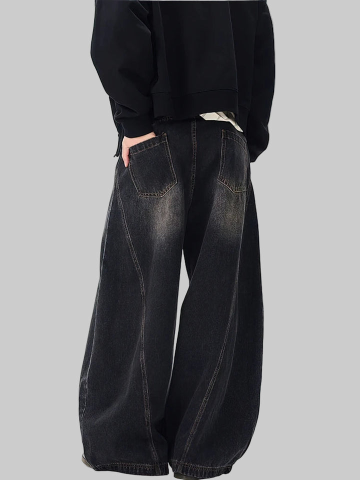 Retro Washed Curved Blade Baggy Wide-Leg Jeans