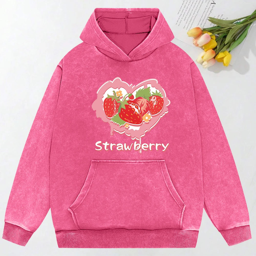Y2K Heart Strawberry Print Washed Hoodie Streetwear