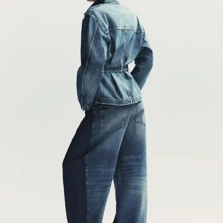 Long Denim Jacket with Belt