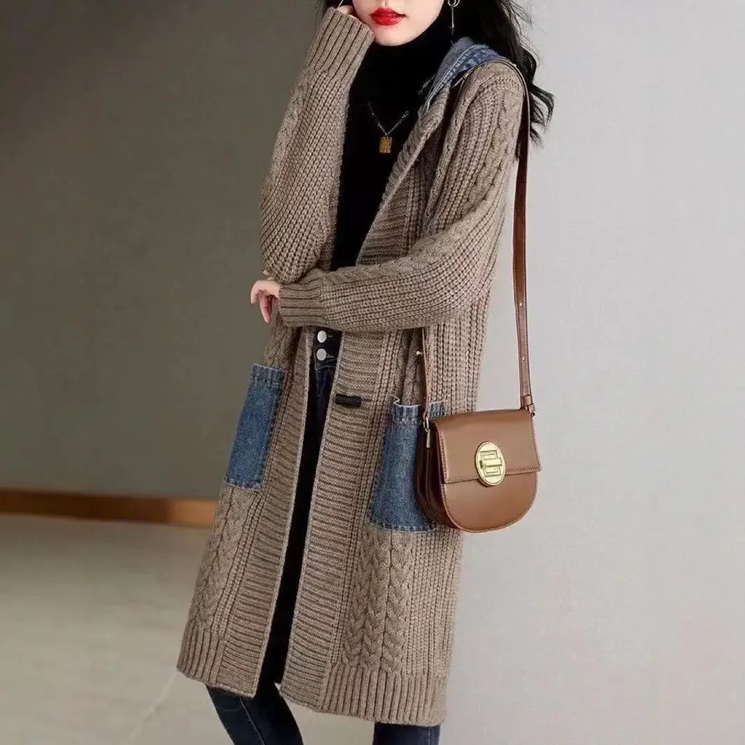 Spring Autumn Loose-Fit Hooded Knitted Cardigan