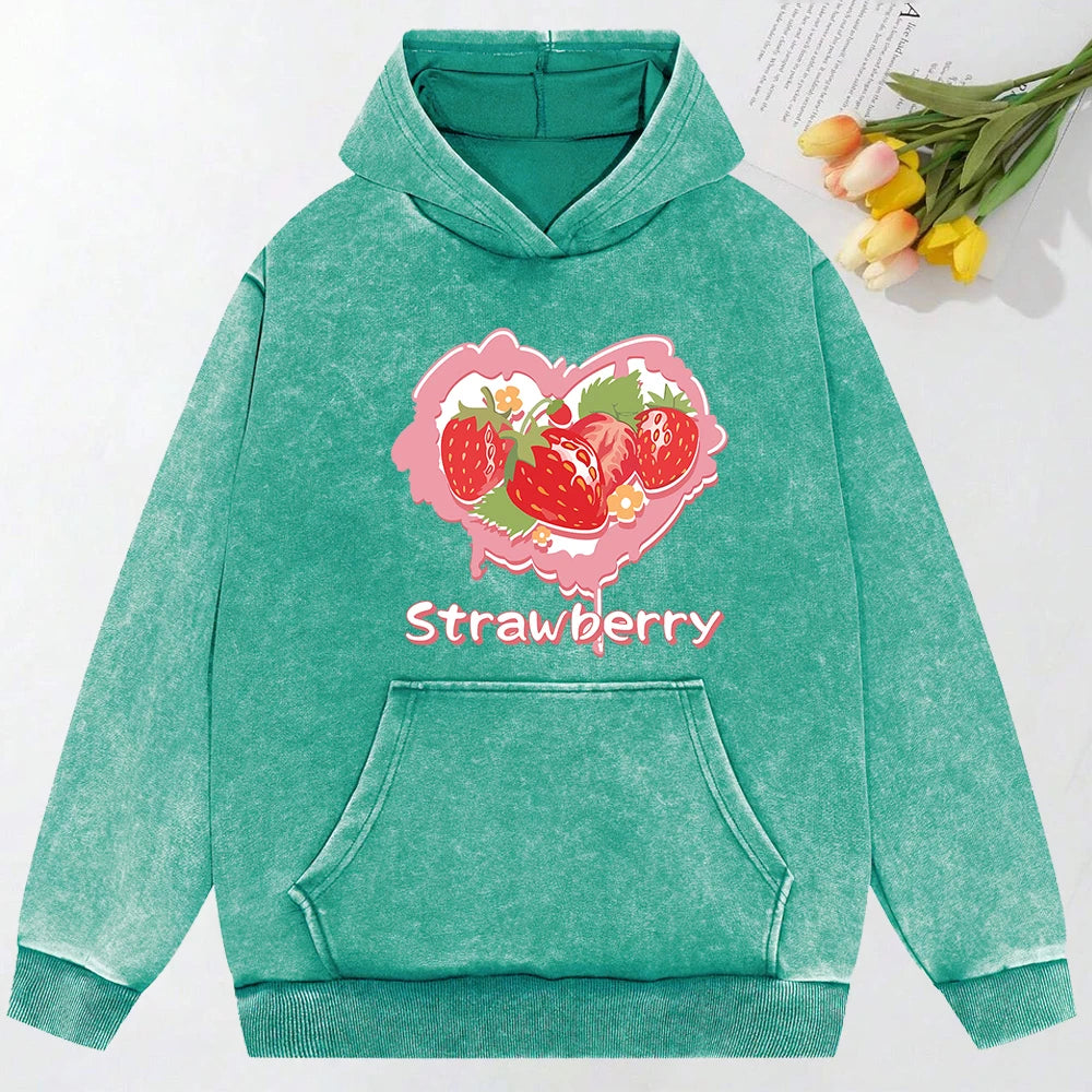 Y2K Heart Strawberry Print Washed Hoodie Streetwear