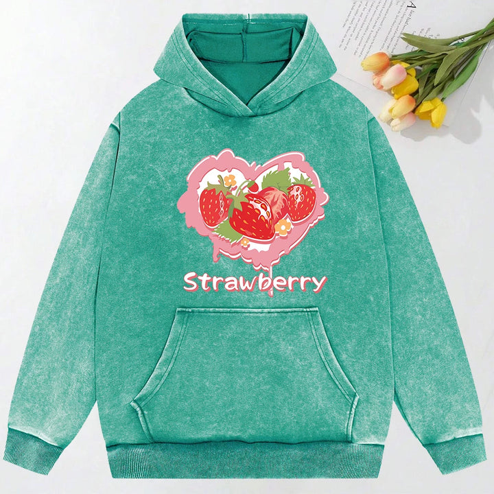 Y2K Heart Strawberry Print Washed Hoodie Streetwear