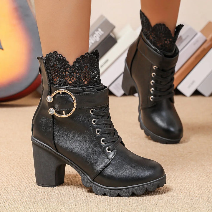 Lace-Up Ruffle Chunky Heel Ankle Boots