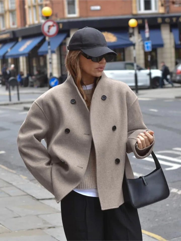 Women's Elegant Retro Brown Autumn Coat with Stand-Up Collar - Fashionable Solid Color Outerwear