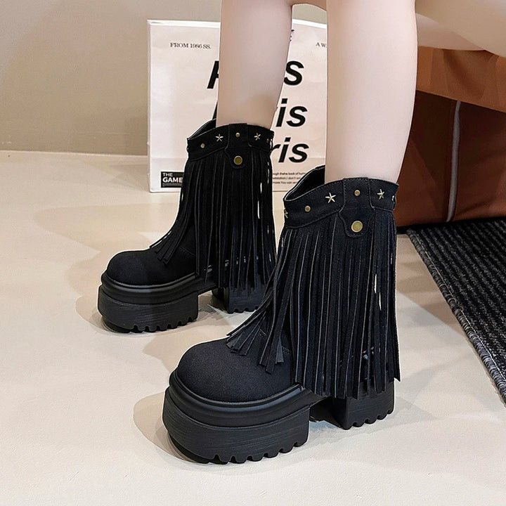 9CM Platform Tassels Chunky Boots