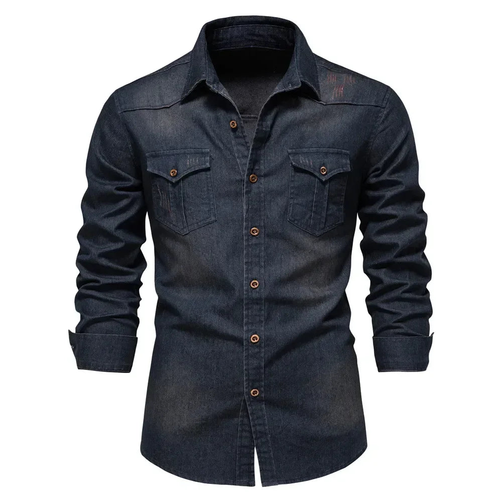 Elastic Slim Fit Long Sleeve Cotton Denim Shirt