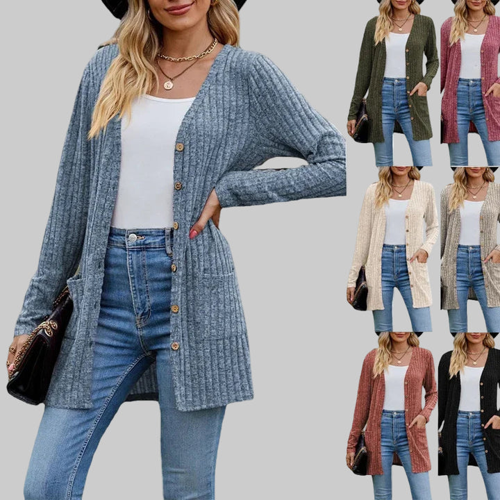 Fleece-Striped V-Neck Long Sleeve Cardigan
