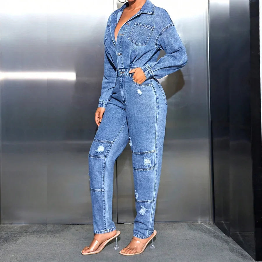 Half Button Casual Ripped Denim Jumpsuit