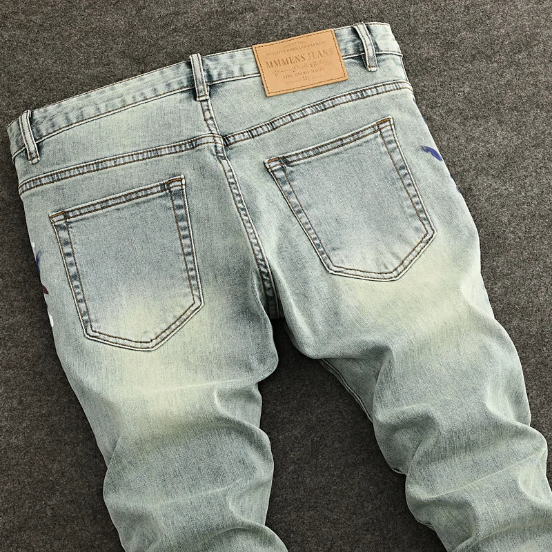 Retro Y2K Scratch-Painted Light Grey Jeans