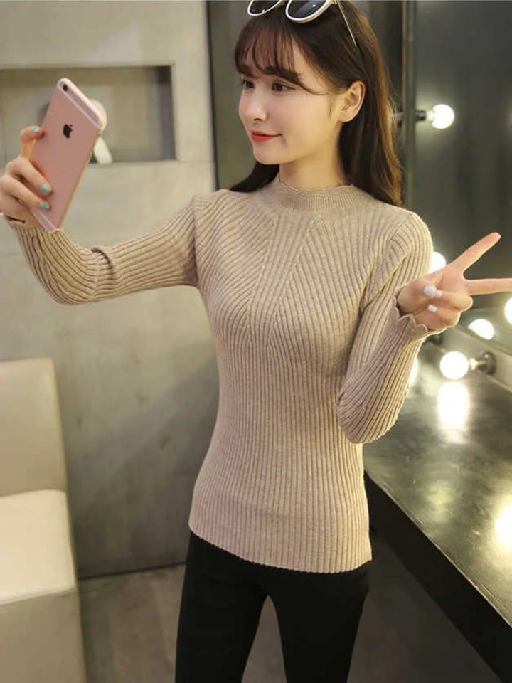 Knitted Mock Neck Ruffled Sweater