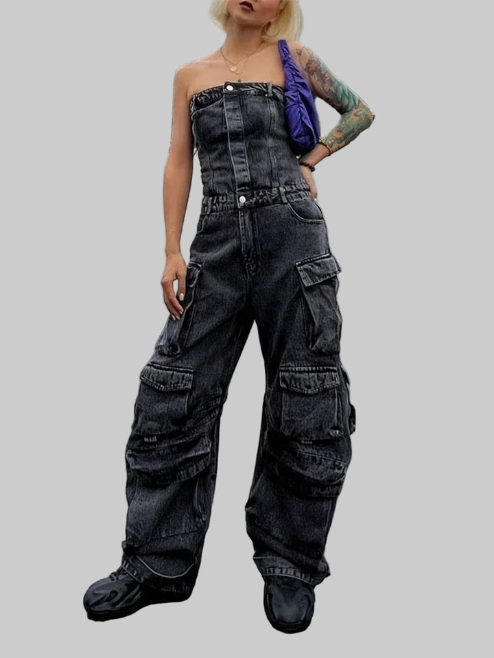 Ripped Multi Pocket Denim Jumpsuit