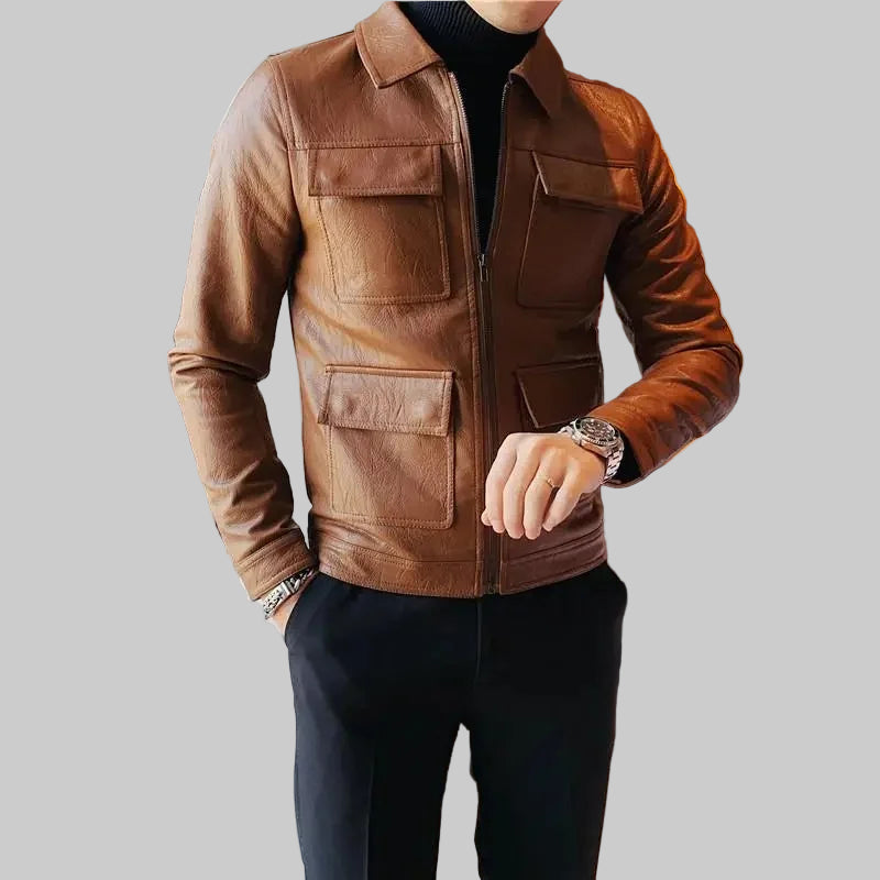 Slim Fit British Style Pure Color Leather Jacket