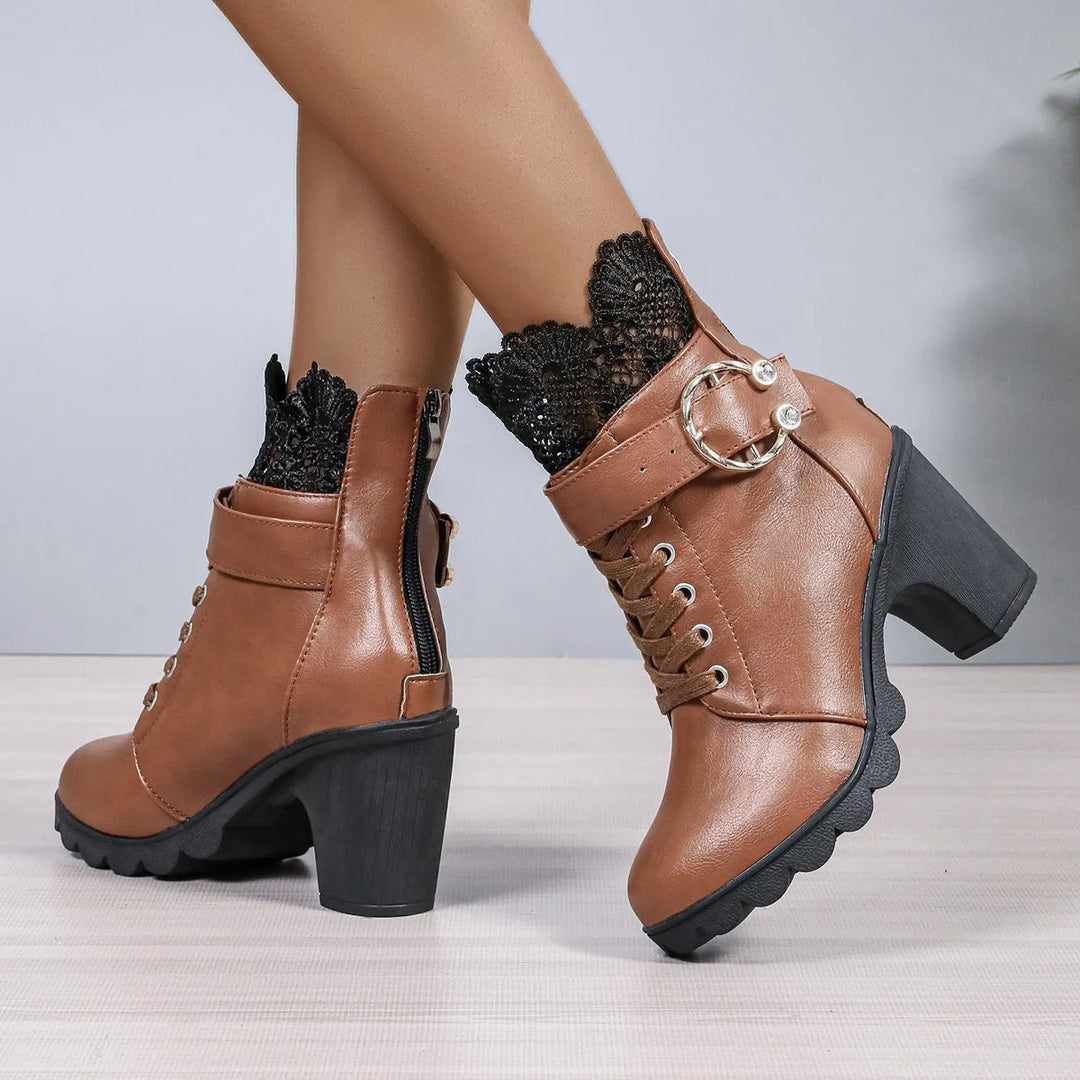 Lace-Up Ruffle Chunky Heel Ankle Boots