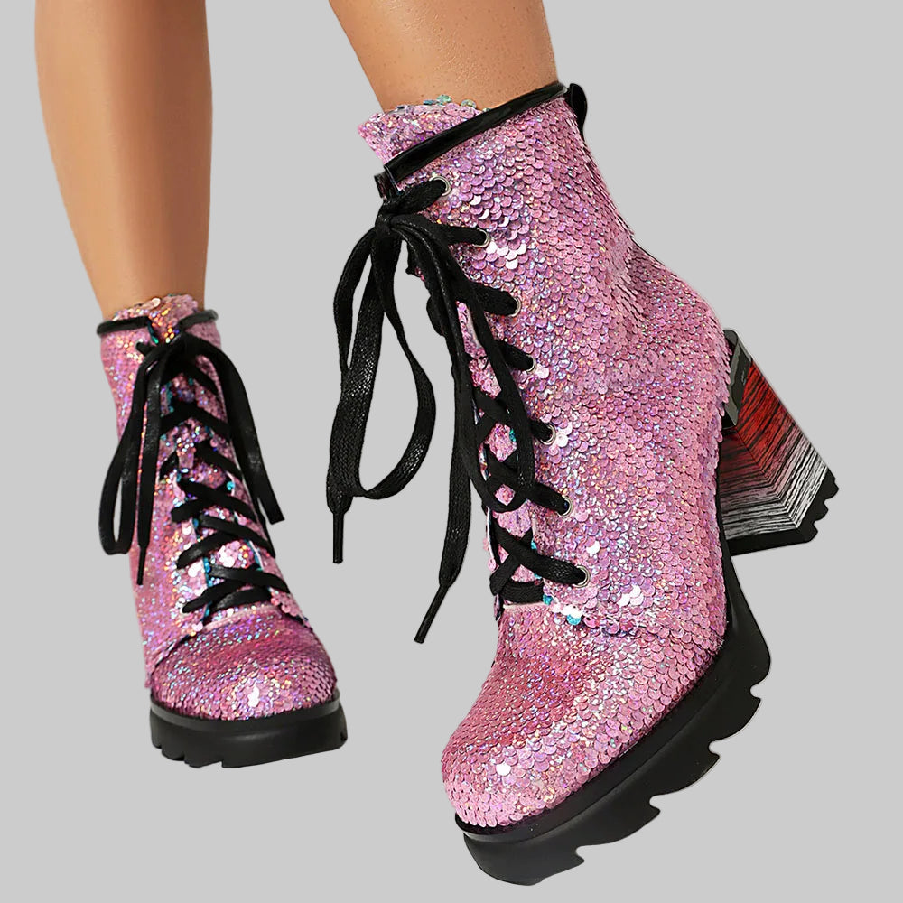Chunky Lace-up Sequin Ankle Party Boots