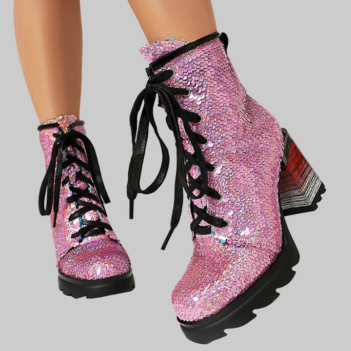 Chunky Lace-up Sequin Ankle Party Boots
