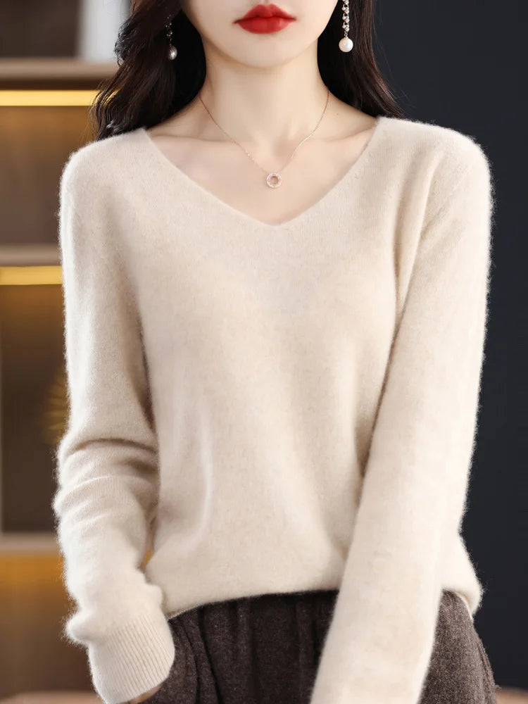 100% Pure Merino Wool Women's V-Neck Sweater