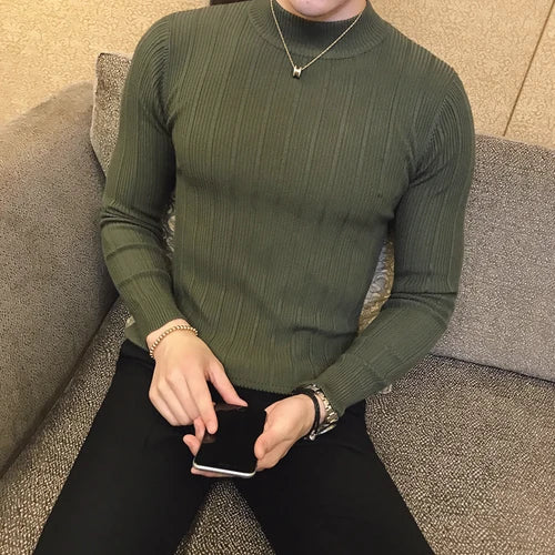 Slim Fit Striped Knit Turtleneck Sweater