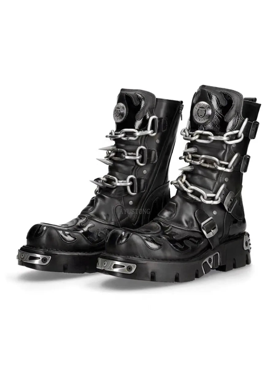 Punk Goth Skull Mid-Calf Motorcycle Boots