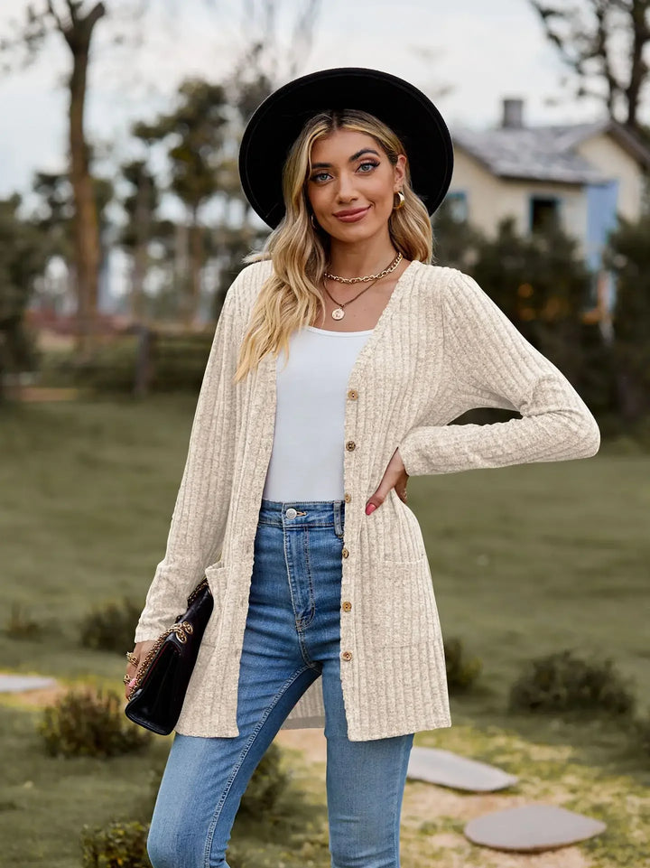 Fleece-Striped V-Neck Long Sleeve Cardigan