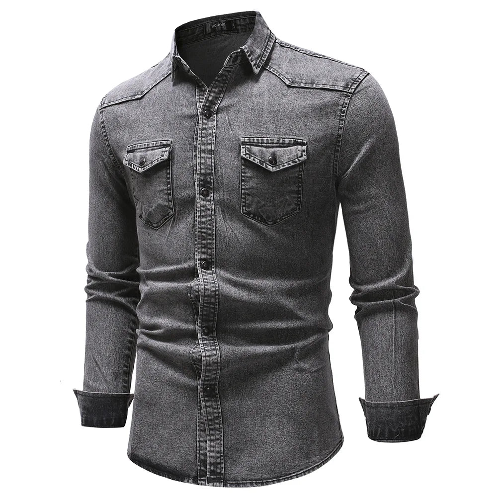Slim Fit Solid Vintage Denim Shirts