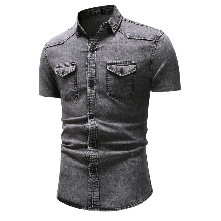 Slim Fit Solid Color Short Sleeve Denim Shirt