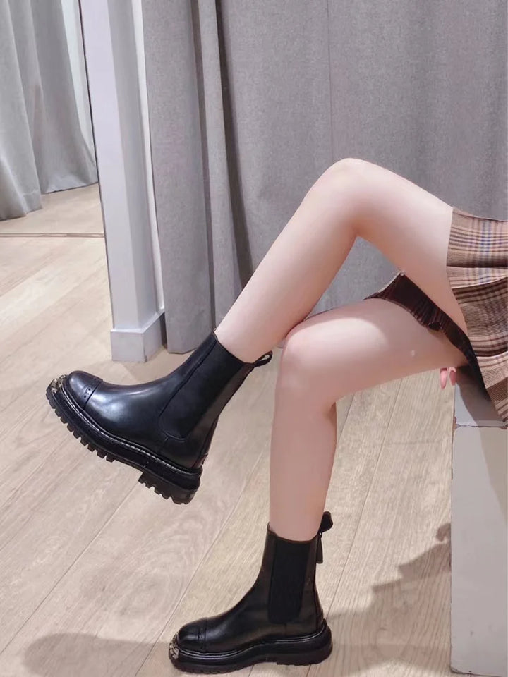 Metal square head Slip on Ankle Mid Calf Boots