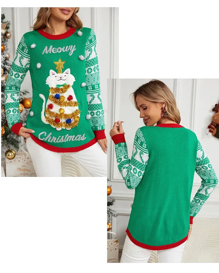 Y2k 3D Cartoon Cat Knitted Xmas Sweater