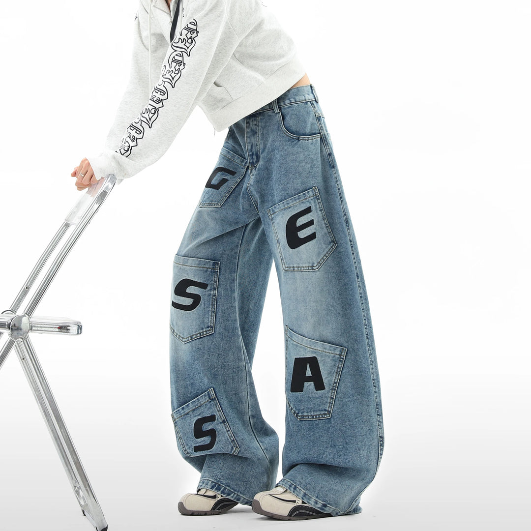 Loose Fit Baggy Jeans-Printed Letters and Multiple Pockets