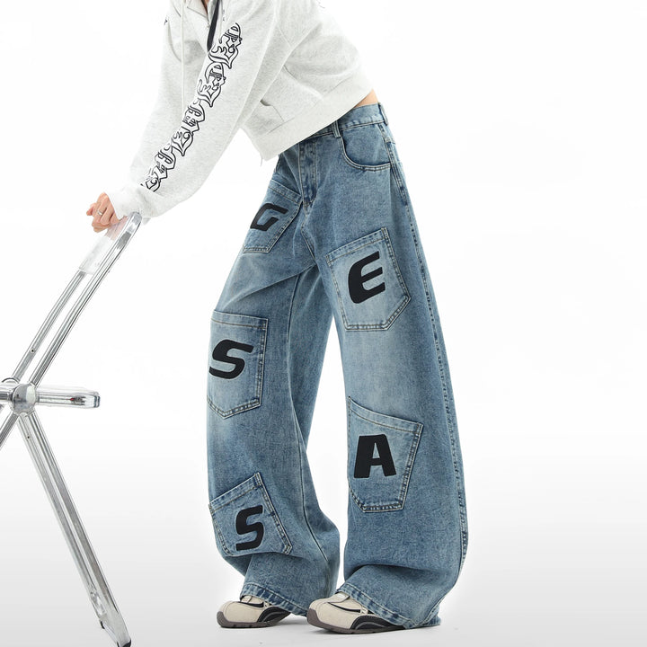Loose Fit Baggy Jeans-Printed Letters and Multiple Pockets