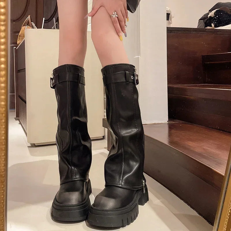 Platform Western Long Boots with Belt Buckle
