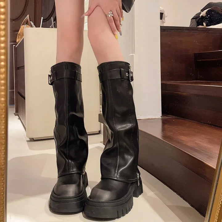 Platform Western Long Boots with Belt Buckle