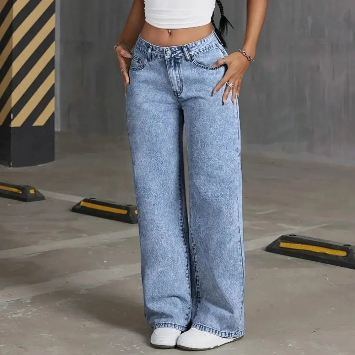 High-Waisted Wide Leg Denim Jeans with Bow Embroidered Pockets