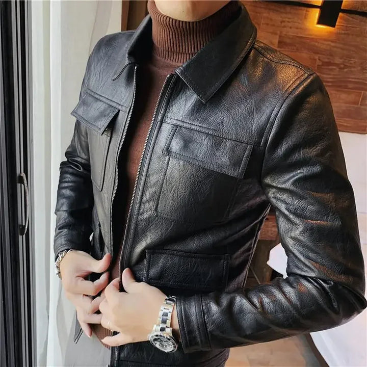 Slim Fit British Style Pure Color Leather Jacket