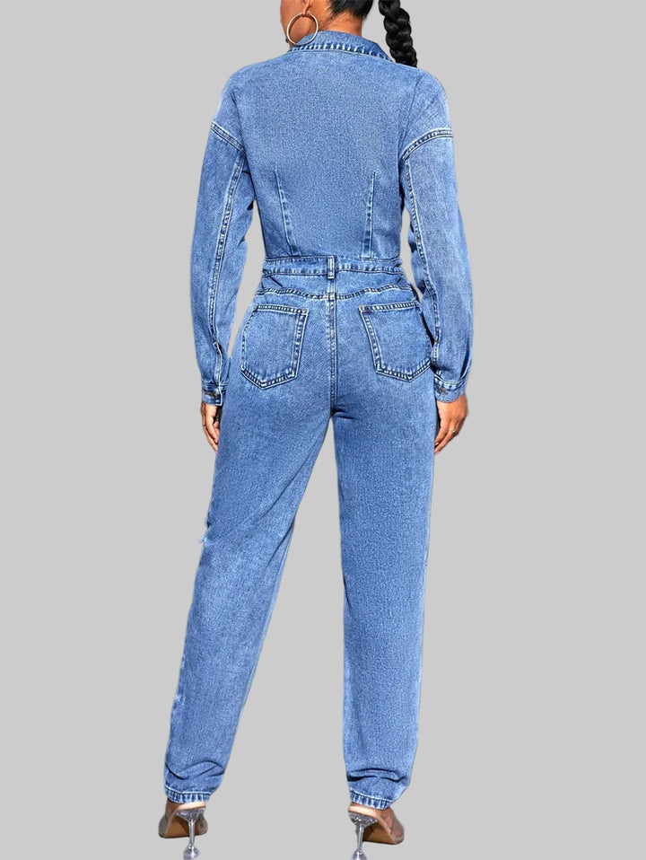 Half Button Casual Ripped Denim Jumpsuit