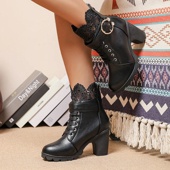 Lace-Up Ruffle Chunky Heel Ankle Boots