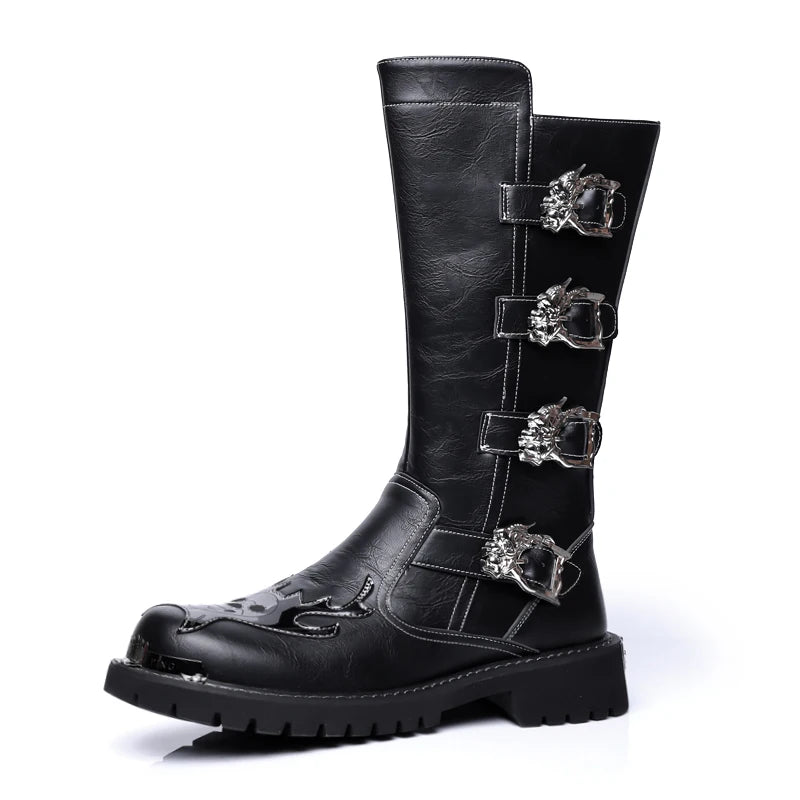 Mid-Calf Leather Motorcycle Boots
