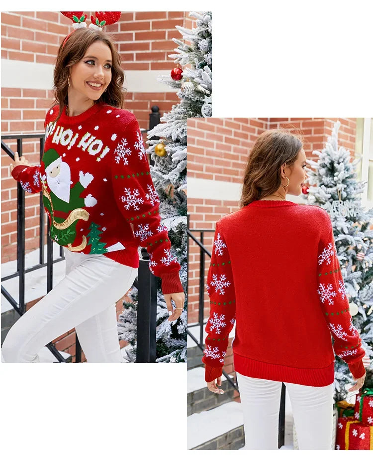 Full Sleeve Loose Santa Print Christmas Sweater