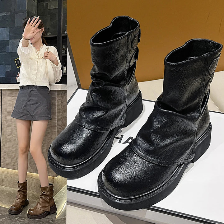 Elegant Belt Buckle Low Heels Leather Ankle Boots